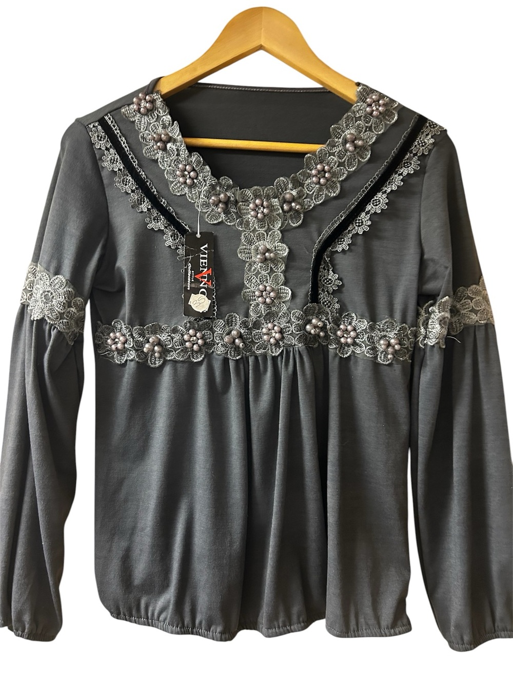 Women's Embellished Gray Long-Sleeve Top